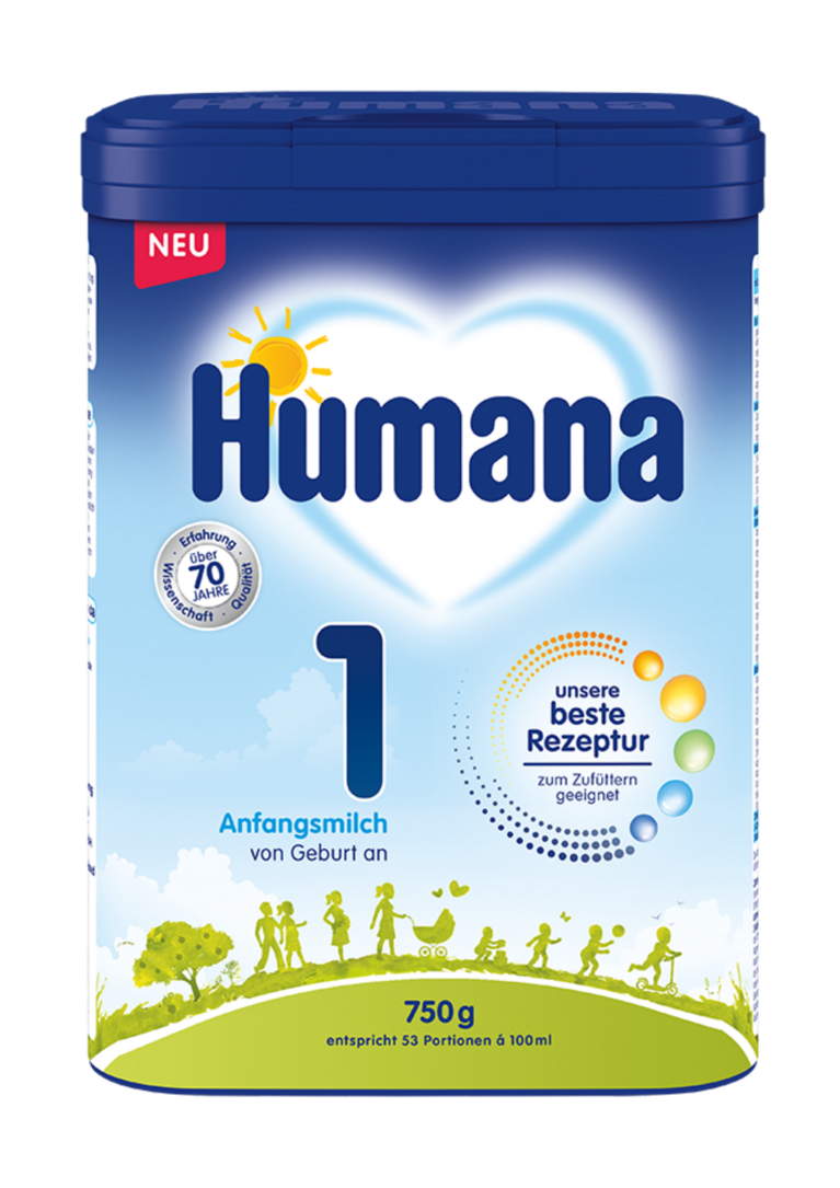 Humana Anfangsmilch 1 in der 750 g Packung, geeignet für Säuglinge von Geburt an, mit Angaben zur Rezeptur und Portionsgröße.