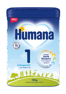 Humana Anfangsmilch 1 in der 750 g Packung, geeignet für Säuglinge von Geburt an, mit Angaben zur Rezeptur und Portionsgröße.