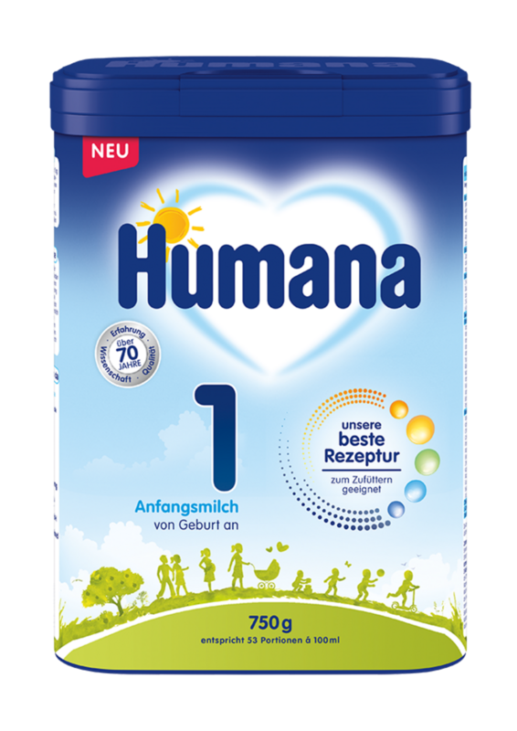 Humana Anfangsmilch 1 in der 750 g Packung, geeignet für Säuglinge von Geburt an, mit Angaben zur Rezeptur und Portionsgröße.