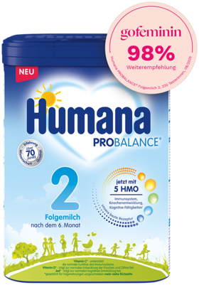 Humana PROBALANCE Folgemilch 2 für Babys ab dem 6. Monat, mit vitalen Nährstoffen für Immun- und Gehirnentwicklung.