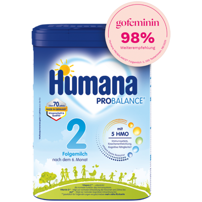 Humana PROBALANCE Folgemilch 2 für Babys ab dem 6. Monat, mit vitalen Nährstoffen für Immun- und Gehirnentwicklung.