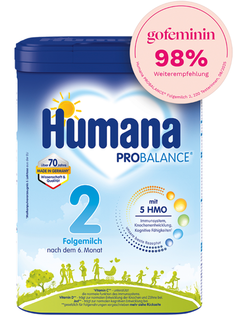 Humana PROBALANCE Folgemilch 2 für Babys ab dem 6. Monat, mit vitalen Nährstoffen für Immun- und Gehirnentwicklung.