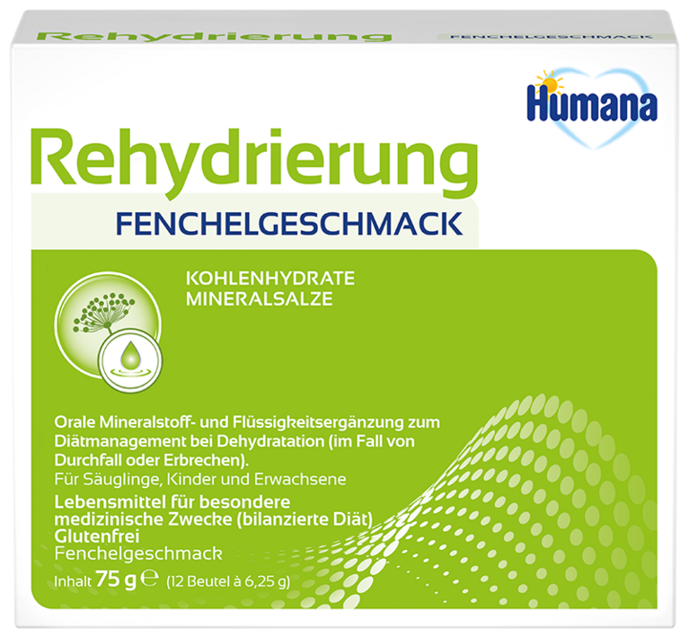 Rehydrierungspulver mit Fenchelgeschmack zur Mineralstoff- und Flüssigkeitszufuhr bei Dehydratation, geeignet für Säuglinge und Erwachsene.