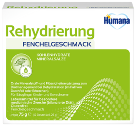 Rehydrierungspulver mit Fenchelgeschmack zur Mineralstoff- und Flüssigkeitszufuhr bei Dehydratation, geeignet für Säuglinge und Erwachsene.