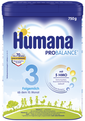 Folgemilch Humana Probalance 3 in einer 750 g Dose, geeignet ab dem 10. Monat, mit Vitaminen für das Immunsystem und die Entwicklung.