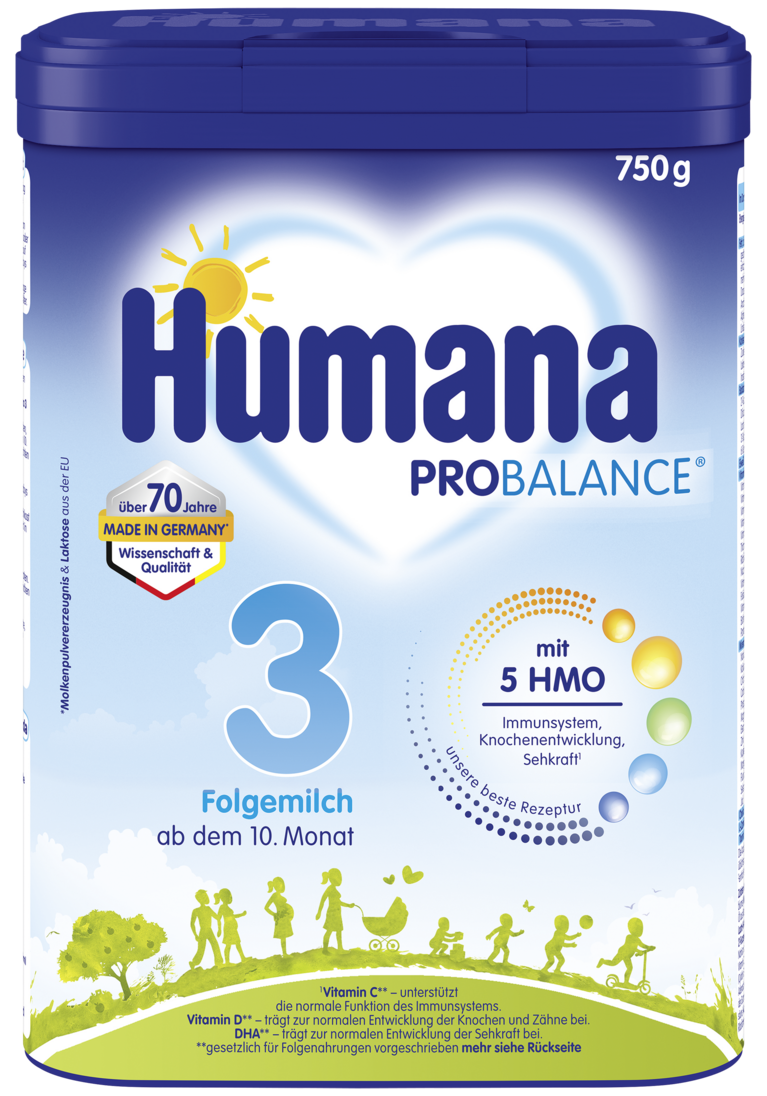 Folgemilch Humana Probalance 3 in einer 750 g Dose, geeignet ab dem 10. Monat, mit Vitaminen für das Immunsystem und die Entwicklung.