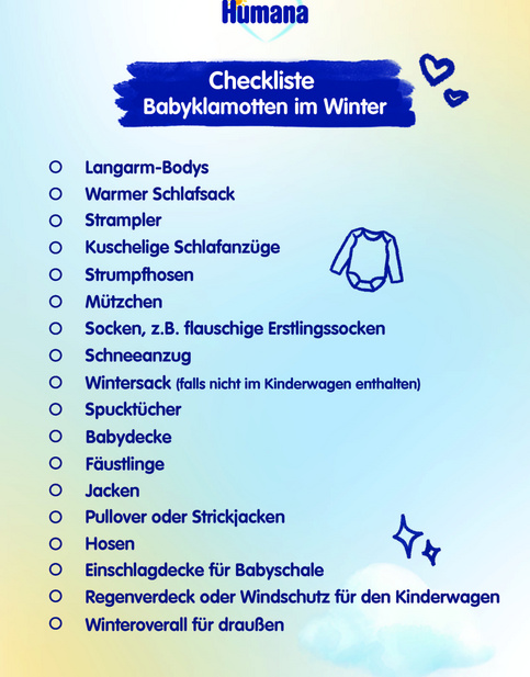 Checklist für Babywinterbekleidung mit Kleidungselementen wie Schlafsack, Strampler und Winteroverall.