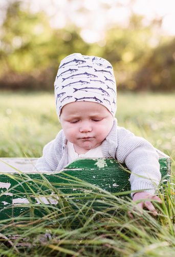 Ein Baby in einer karierten Mütze sitzt in einem grünen, abgenutzten Wagen auf einer Wiese.