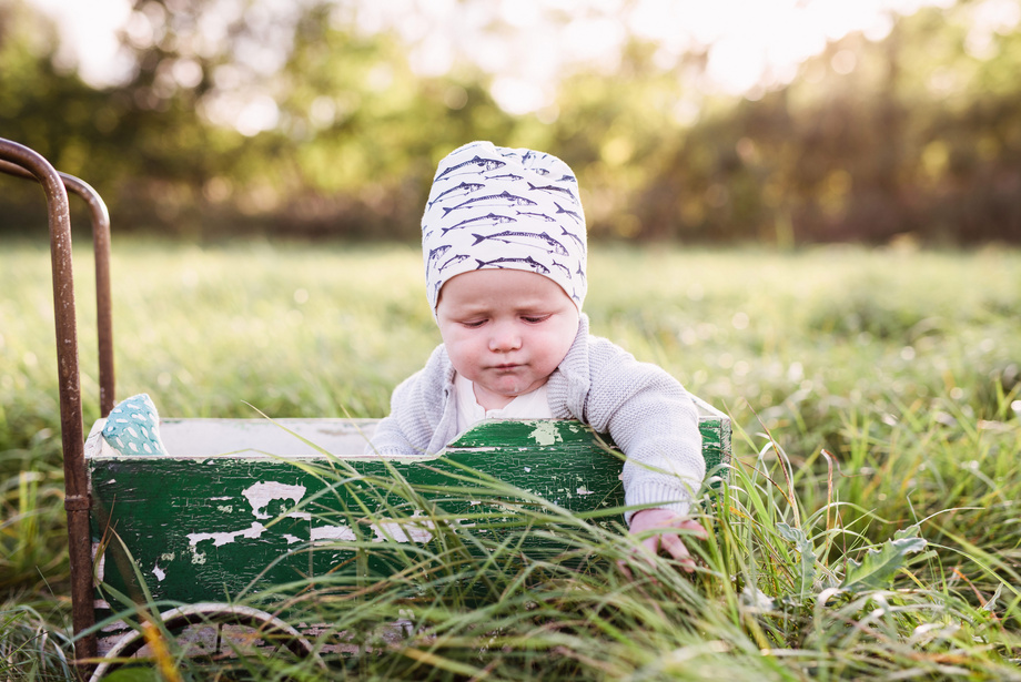 Ein Baby in einer karierten Mütze sitzt in einem grünen, abgenutzten Wagen auf einer Wiese.