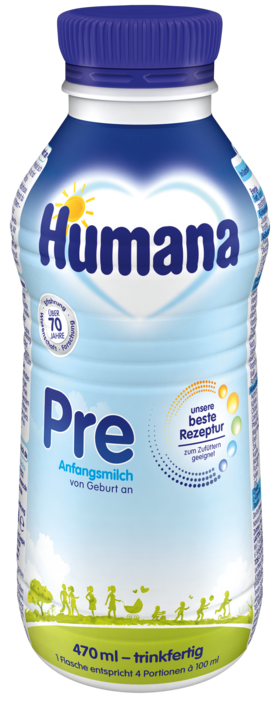 Alt-Tag: Flasche Humana Pre Anfangsmilch, 470 ml, geeignet für Säuglinge von Geburt an, mit blauer Verpackung und grafischen Elementen.