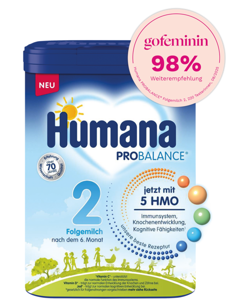 Folgemilch Humana PROBALANCE 2, nach dem 6. Monat, mit 5 HMO zur Unterstützung von Immunität und kognitiven Fähigkeiten.