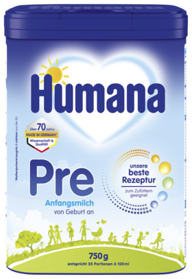 Alt-Tag: Humana Pre-Anfangsmilchverpackung (750g) für Neugeborene, geeignet zum Zufüttern, mit bunten Kindermotiven im Hintergrund.