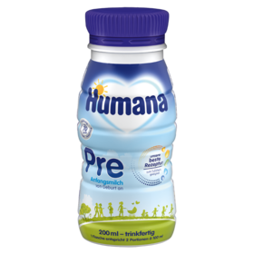 Humana Pre Anfangsmilch in einer 200 ml Flasche, geeignet für Neugeborene, mit blauer Verpackung und informativen Design-Elementen.