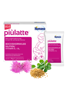 piulatte Ergänzungsmittel für stillende Mütter mit Bockshornklee, Silitidil und Vitaminen D3 und B12 in einer Verpackung.