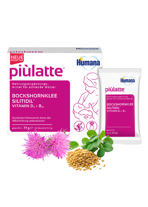 piulatte Ergänzungsmittel für stillende Mütter mit Bockshornklee, Silitidil und Vitaminen D3 und B12 in einer Verpackung.