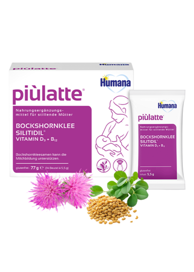piulatte Ergänzungsmittel für stillende Mütter mit Bockshornklee, Silitidil und Vitaminen D3 und B12 in einer Verpackung.