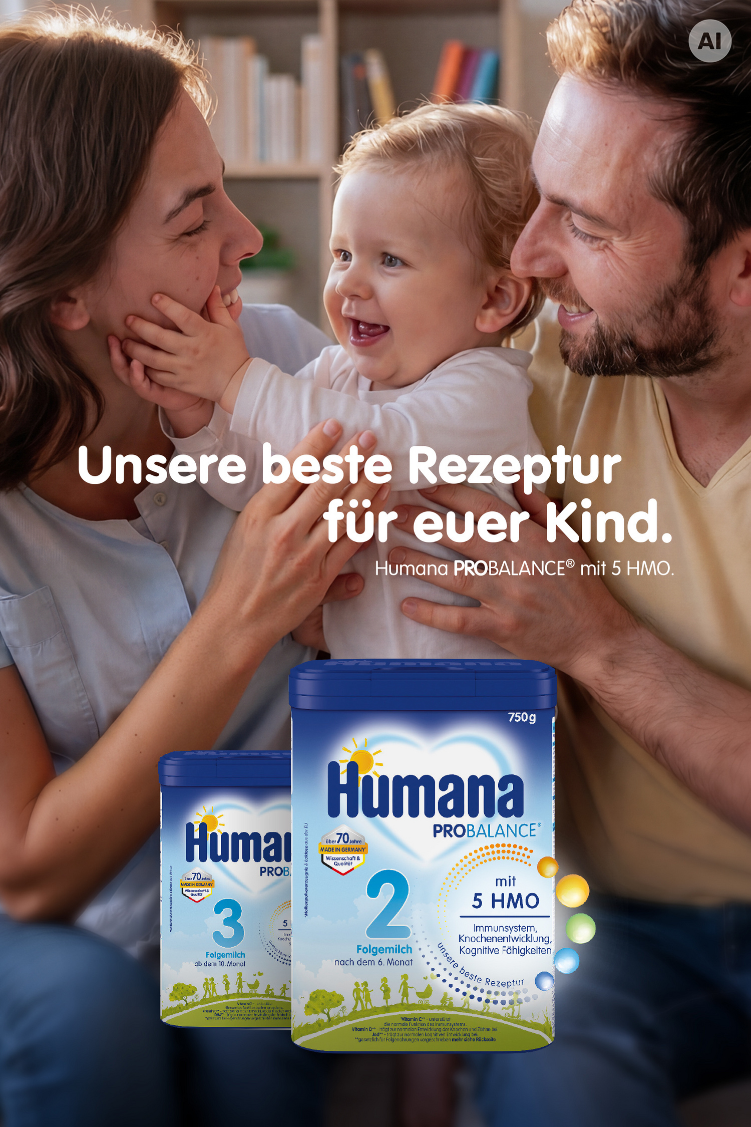 AI-generiert Lächelndes Elternpaar interagiert zusammen mit ihrem Baby, während Produkte von Humana PROBALANCE® 5HMO im Vordergrund stehen.