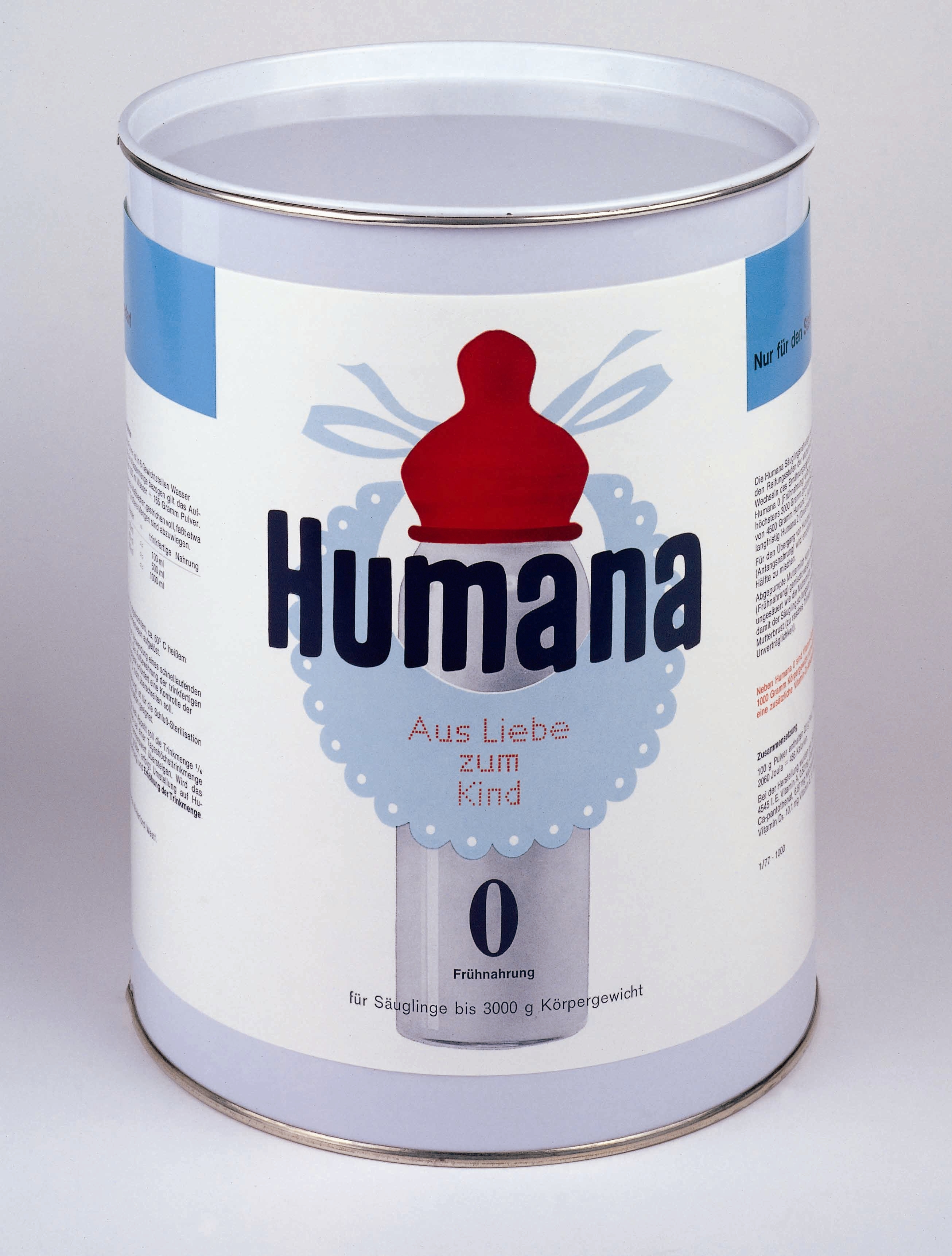 Dose mit Humana-Frühgeborenennahrung, geeignet für Neugeborene bis 3000 g Körpergewicht.