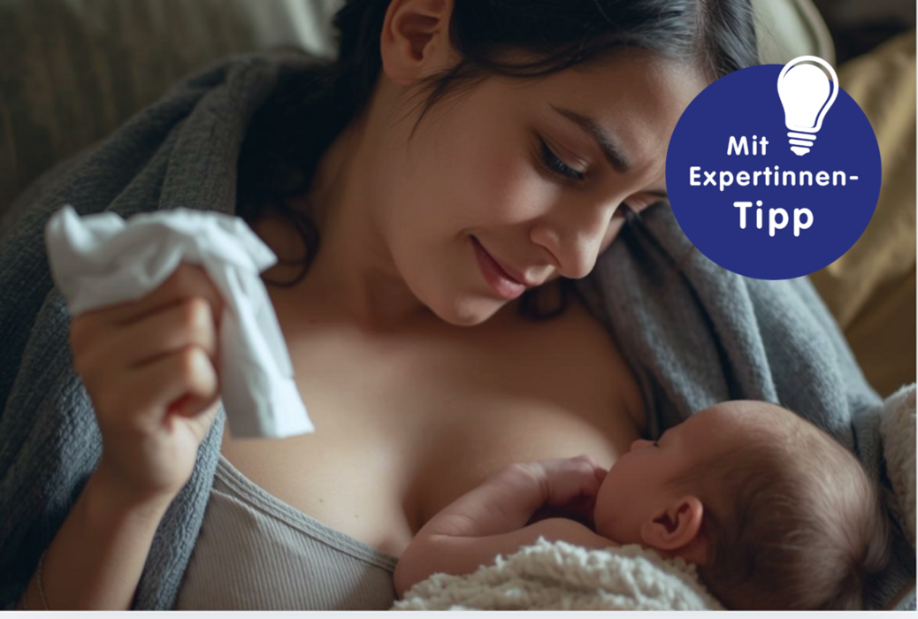 Erkältete Mutter hält ein Neugeborenes in den Armen, während sie liebevoll blickt. Ein Expertinnen-Tipp ist im Bild integriert.