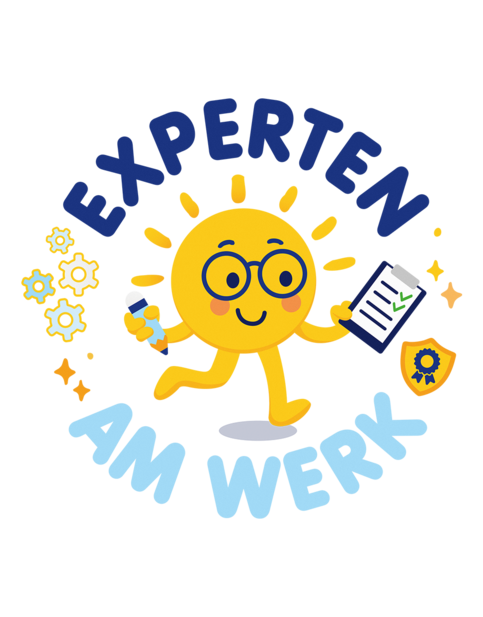 Sonnensymbol mit großen Brillengläsern, das aktiv mit einem Werkzeug und einem Clipboard arbeitet, umgeben von Zahnrädern. Text „EXPERTEN AM WERK“.