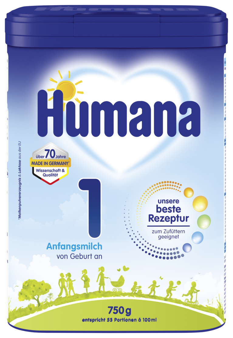 Alt-Tag: Humana Anfangsmilch 1 in einer 750g-Packung, geeignet für die Zufütterung ab Geburt, mit kindgerechtem Design.