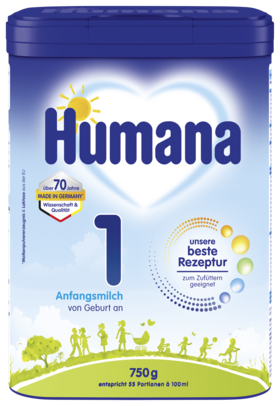 Alt-Tag: Humana Anfangsmilch 1 in einer 750g-Packung, geeignet für die Zufütterung ab Geburt, mit kindgerechtem Design.
