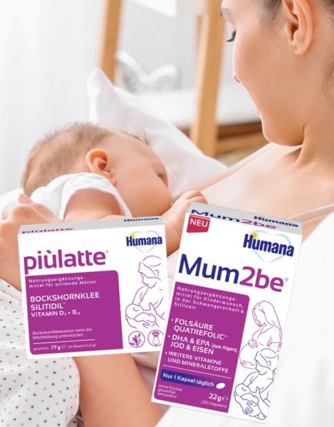Stillende Mutter hält ein Baby und präsentiert Nahrungsergänzungsmittel von Humana: Mum2be und piulatte, reich an wichtigen Nährstoffen.