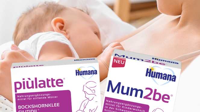 Stillende Mutter hält ein Baby und präsentiert Nahrungsergänzungsmittel von Humana: Mum2be und piulatte, reich an wichtigen Nährstoffen.