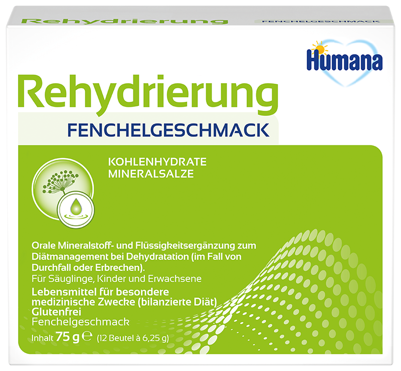 Rehydrierungspulver mit Fenchelgeschmack zur Mineralstoff- und Flüssigkeitszufuhr bei Dehydratation, geeignet für Säuglinge und Erwachsene.