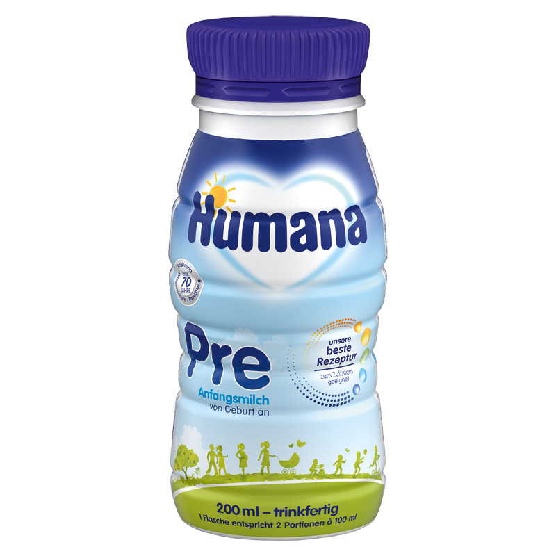 Humana Pre Anfangsmilch in einer 200 ml Flasche, geeignet für Neugeborene, mit blauer Verpackung und informativen Design-Elementen.