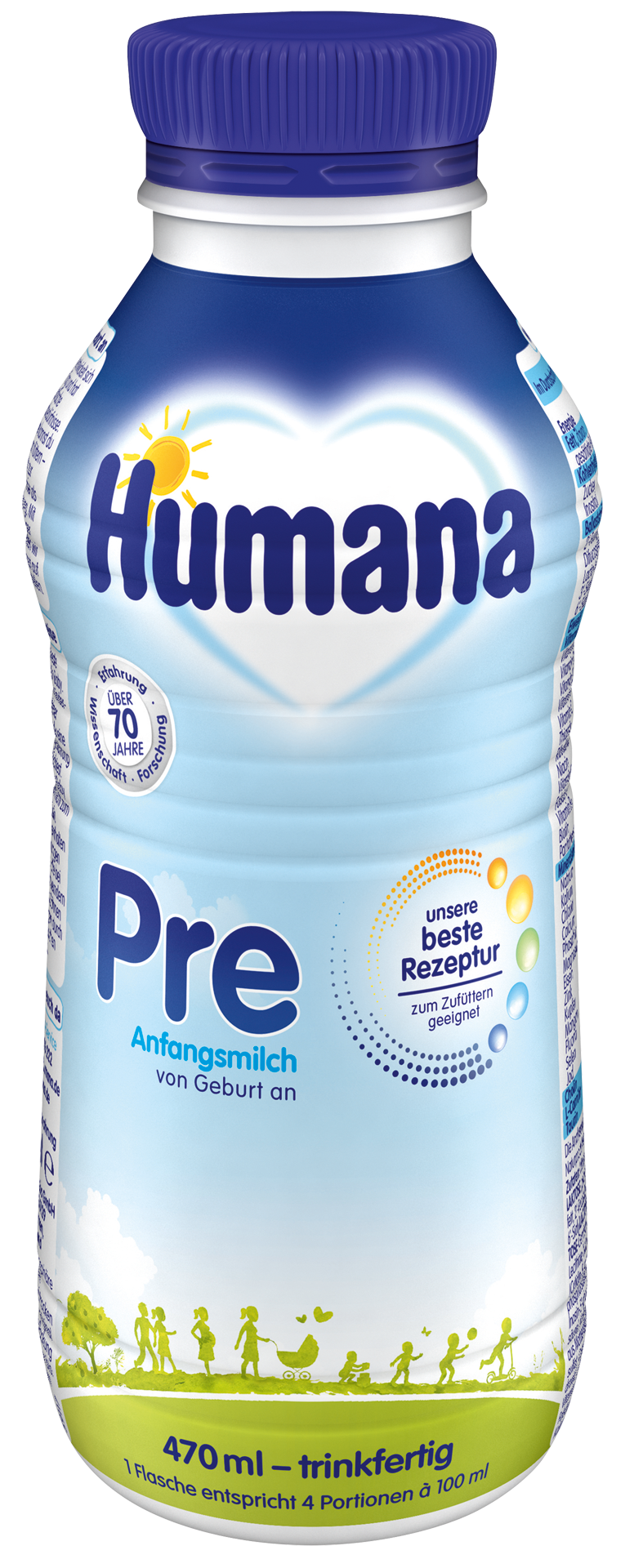 Alt-Tag: Flasche Humana Pre Anfangsmilch, 470 ml, geeignet für Säuglinge von Geburt an, mit blauer Verpackung und grafischen Elementen.