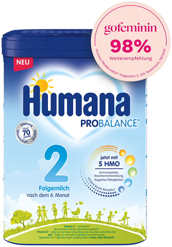 Humana PROBALANCE Folgemilch 2 für Babys ab dem 6. Monat, mit vitalen Nährstoffen für Immun- und Gehirnentwicklung.